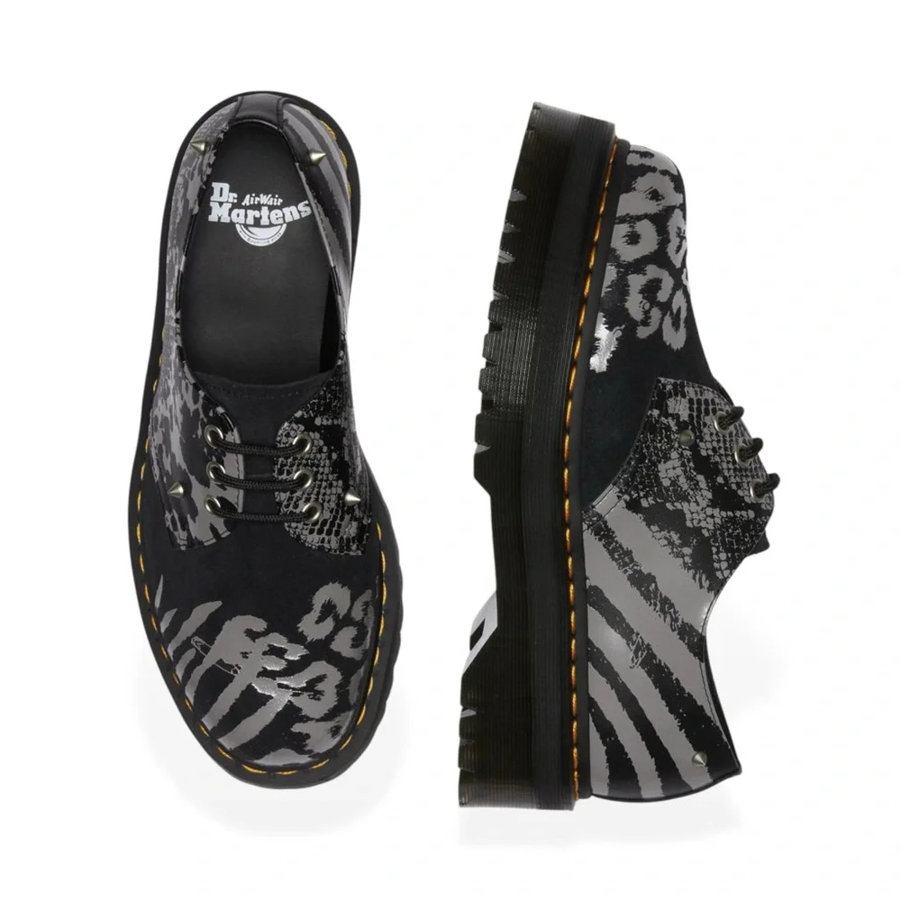 NEW DR. MARTENS 1461 Quad Animal Clash Leather & Suede Studded Platform Shoes